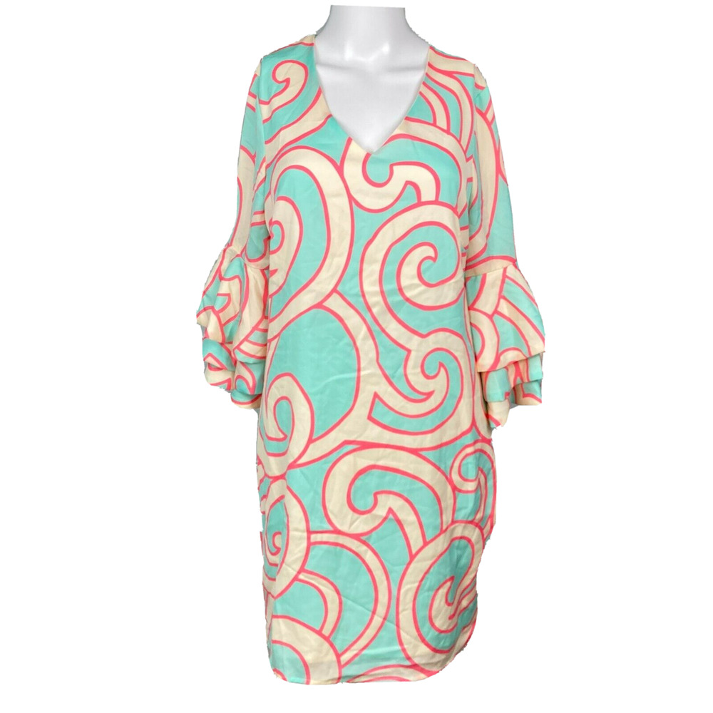 Julie Brown NYC Dress Womens Sz 4 Pink Blue White Swirl Ruffle Bell Sleeve Shift